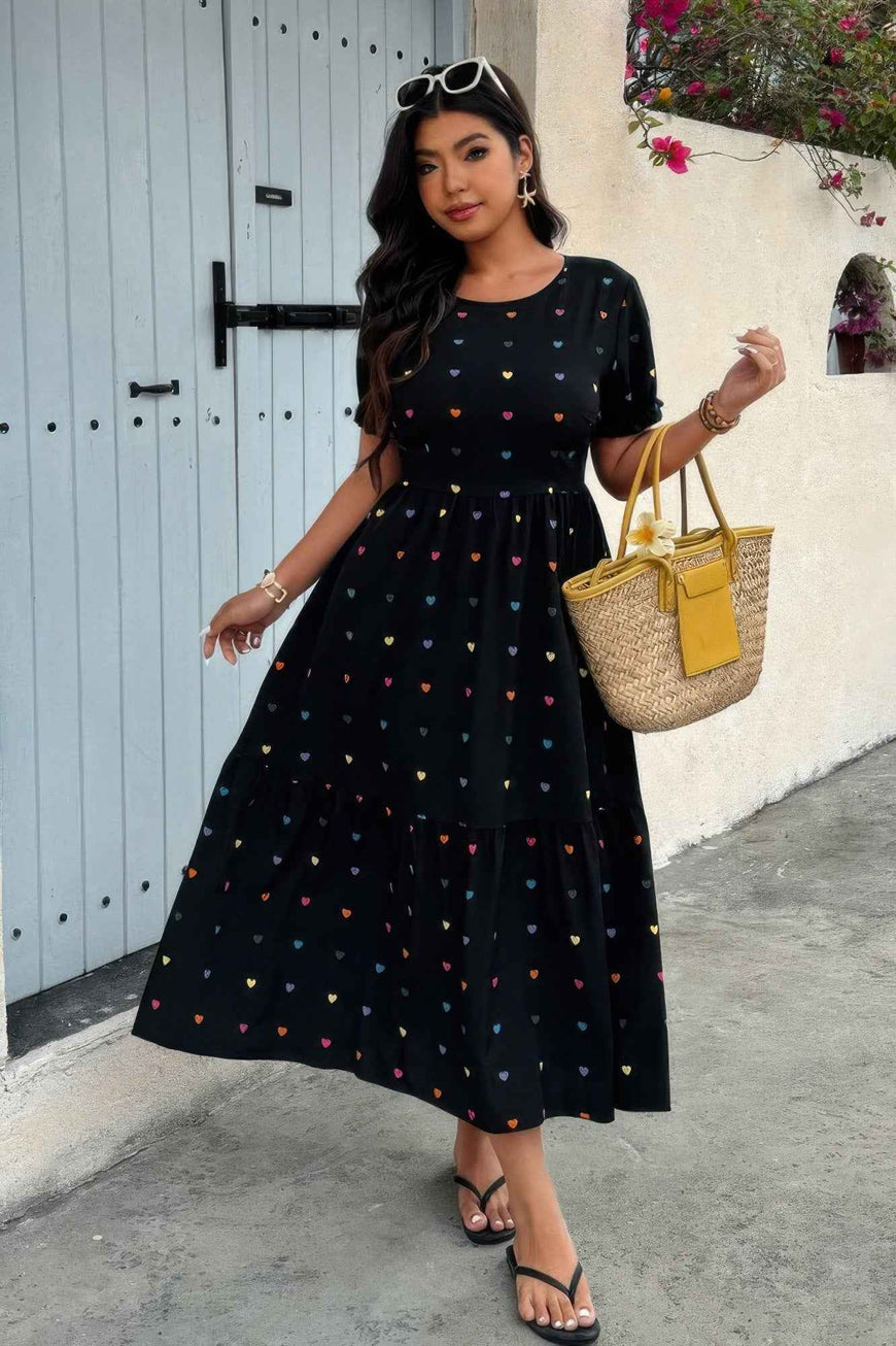 Plus Heart Print Round Neck Ruffle Hem Dress