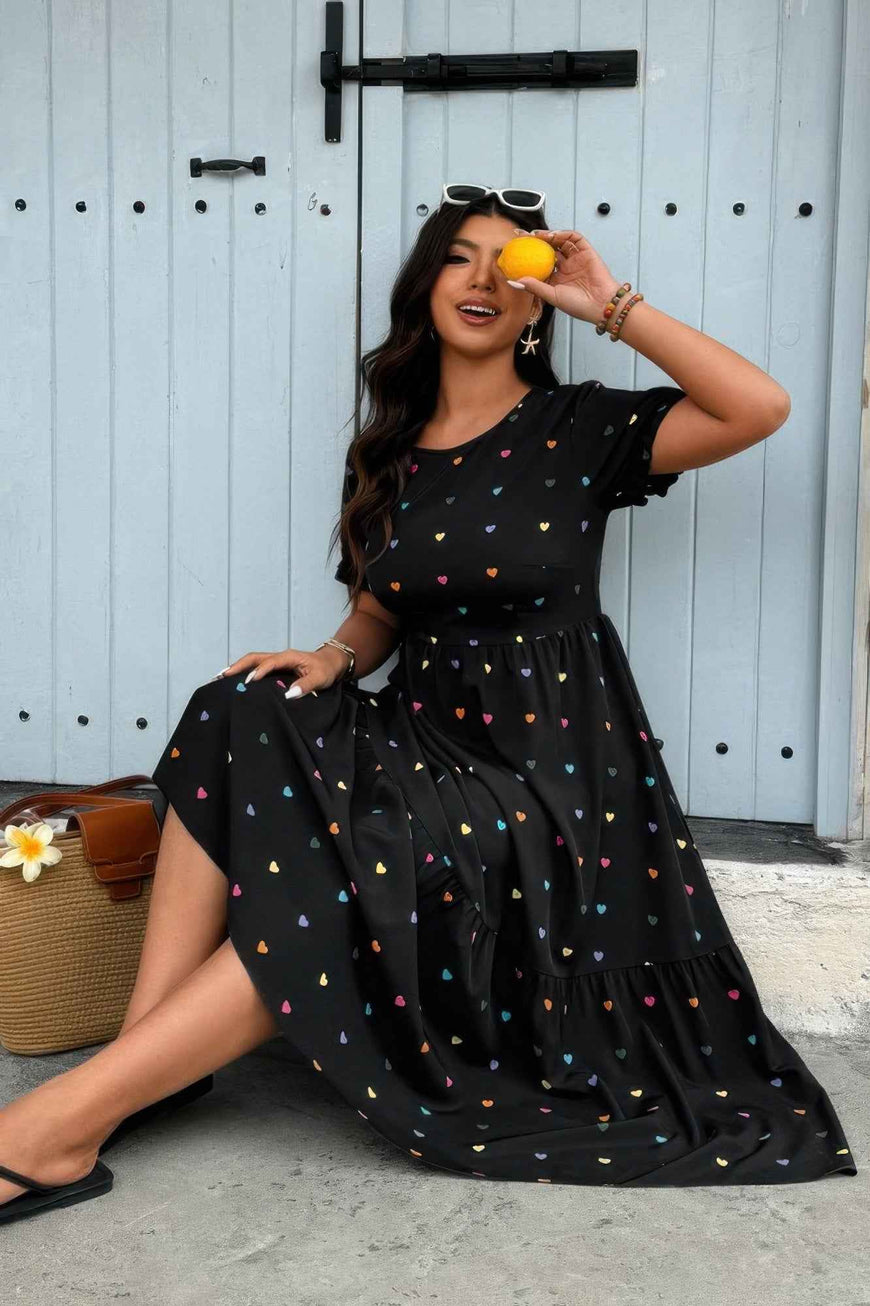 Plus Heart Print Round Neck Ruffle Hem Dress