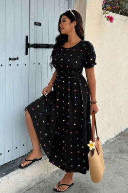 Plus Heart Print Round Neck Ruffle Hem Dress