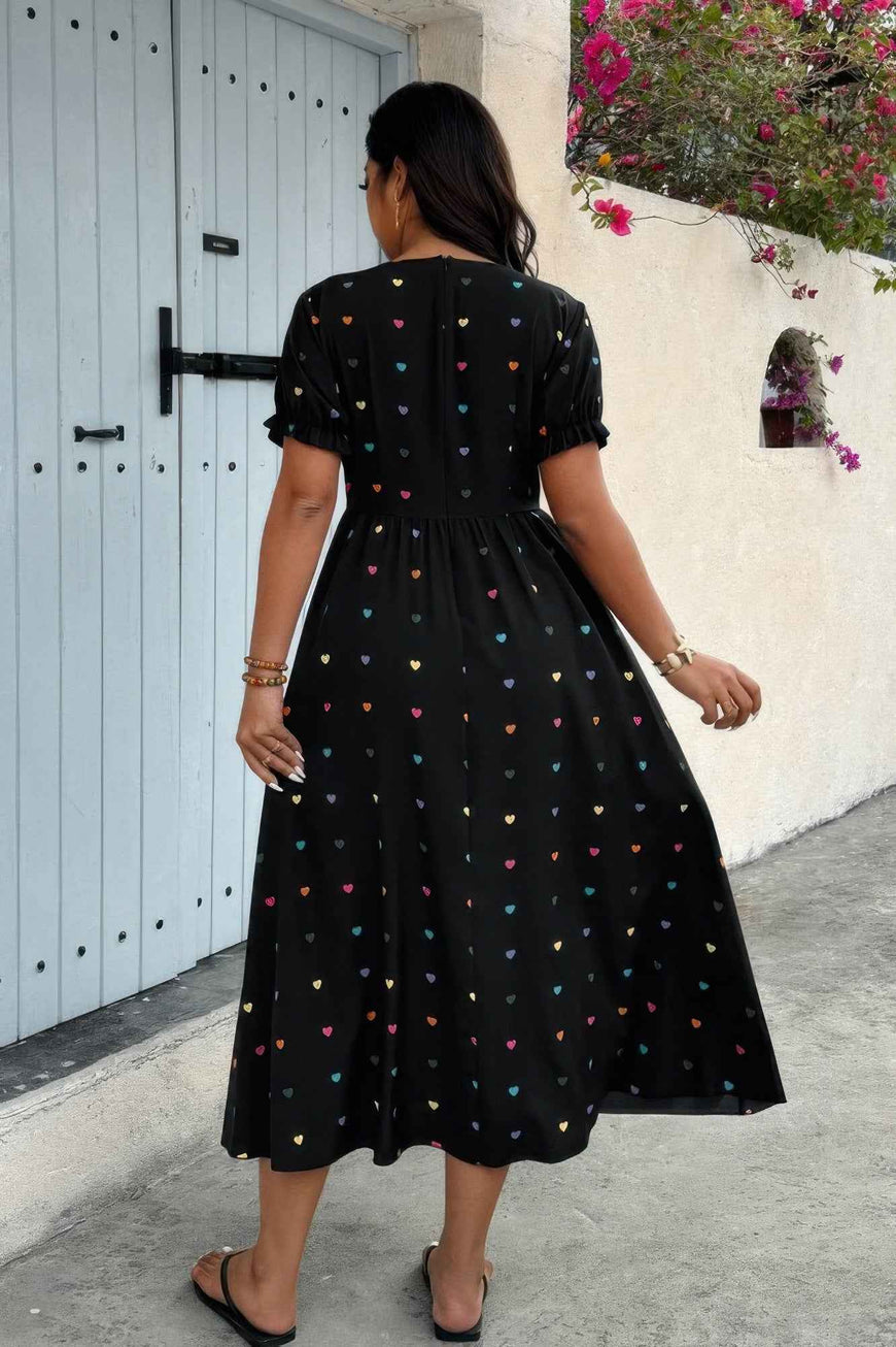 Plus Heart Print Round Neck Ruffle Hem Dress