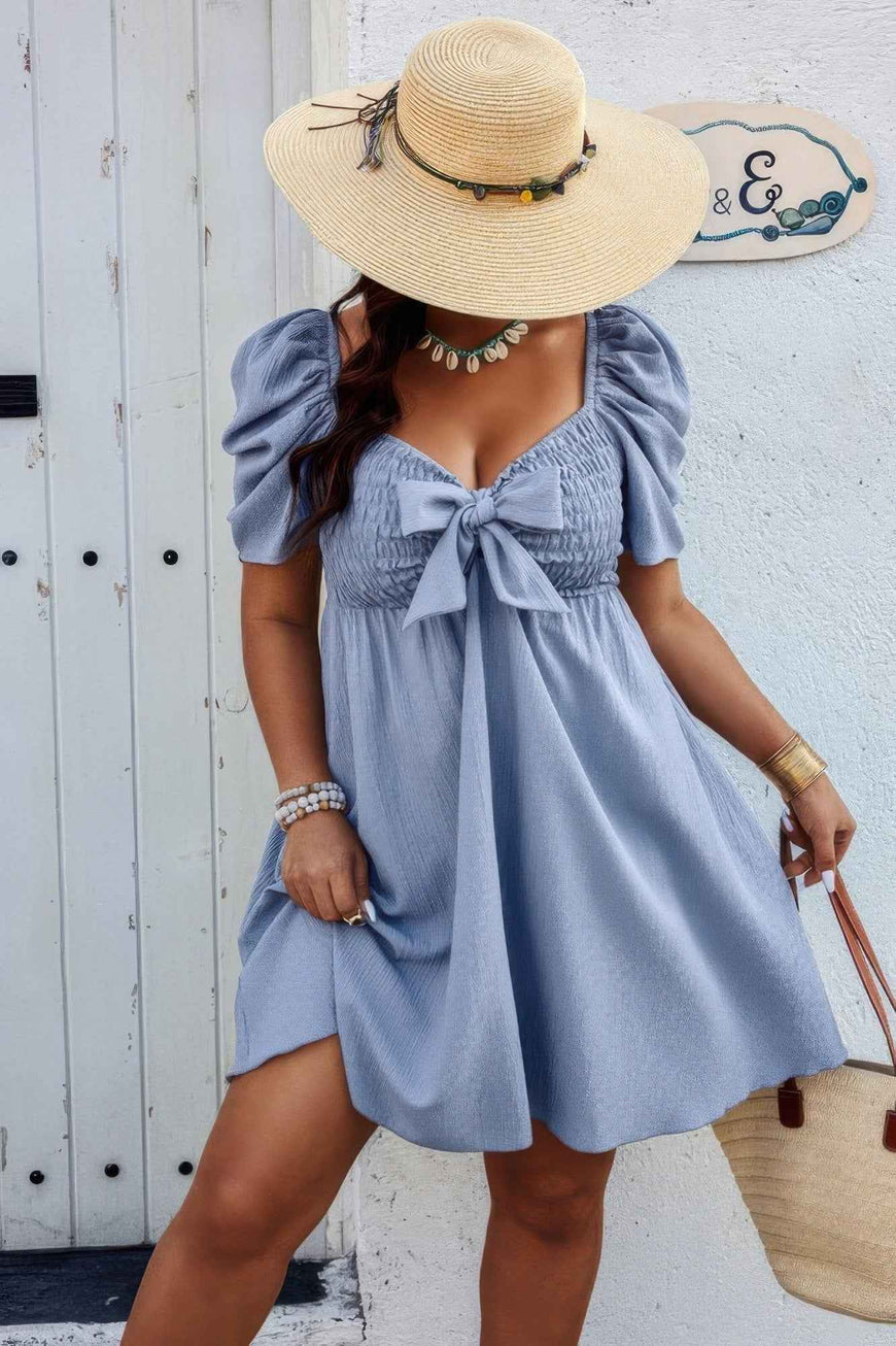Plus Solid Front Knot Short Puff Sleeve Fit Dress