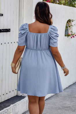 Plus Solid Front Knot Short Puff Sleeve Fit Dress