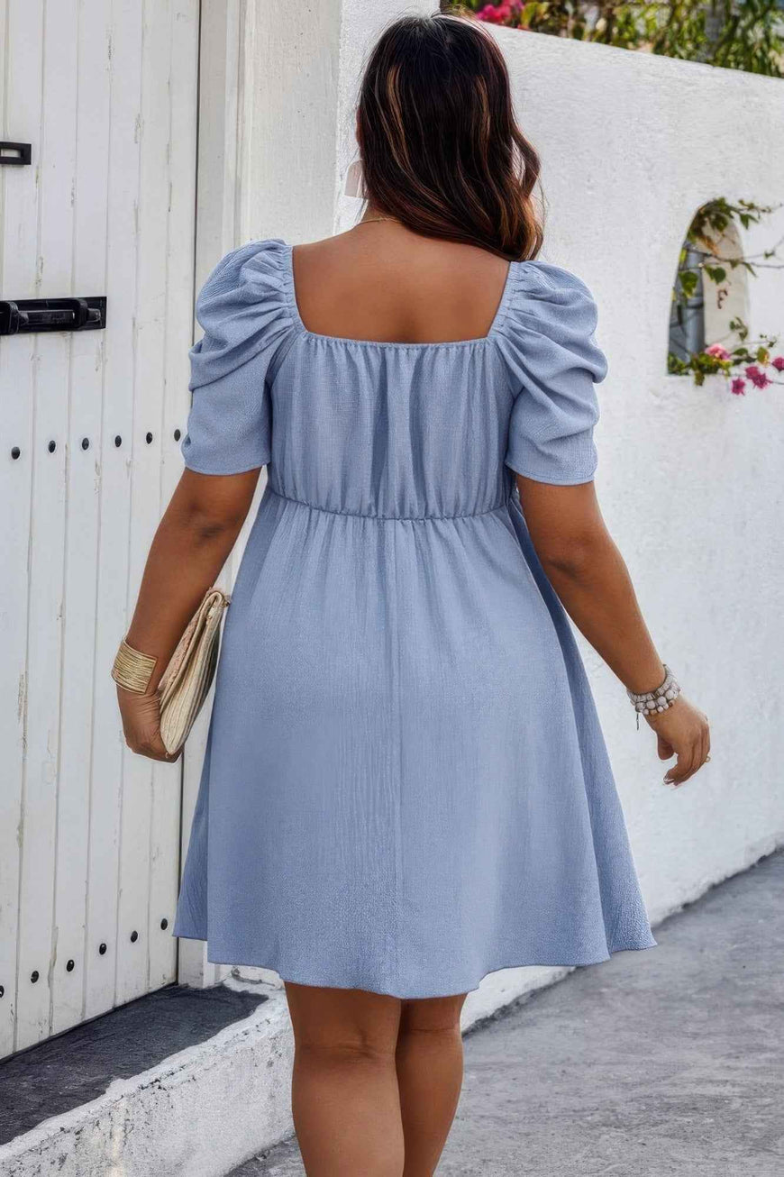 Plus Solid Front Knot Short Puff Sleeve Fit Dress