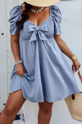 Plus Solid Front Knot Short Puff Sleeve Fit Dress