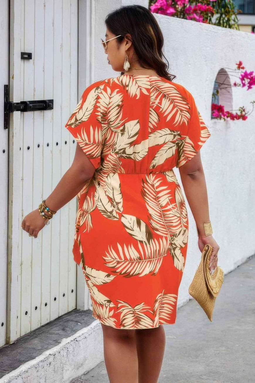 Plus Plant Print V Neck Wrap Tie Waist Dress