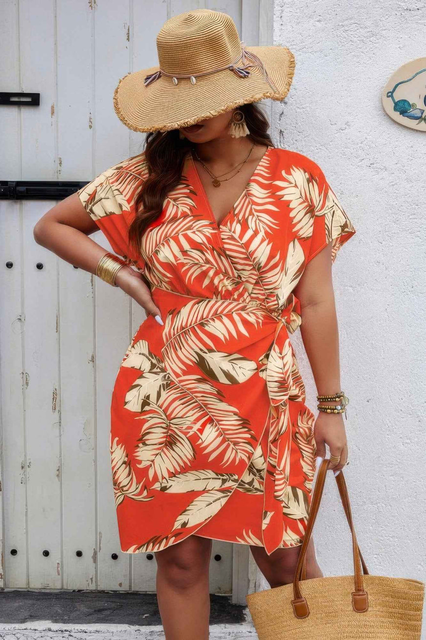 Plus Plant Print V Neck Wrap Tie Waist Dress