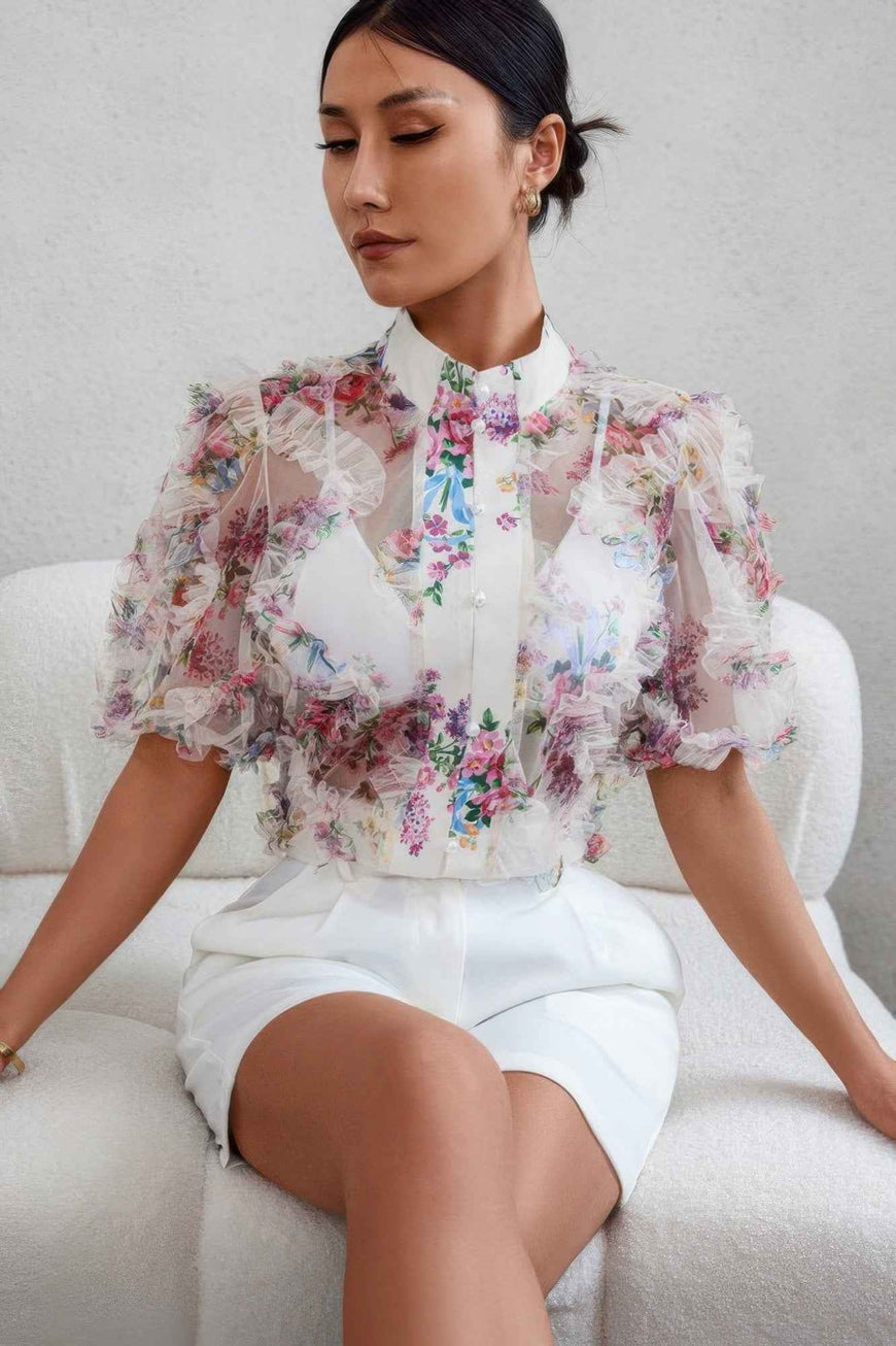 Allover Print See Through Collar Puff Sleeve Shirt