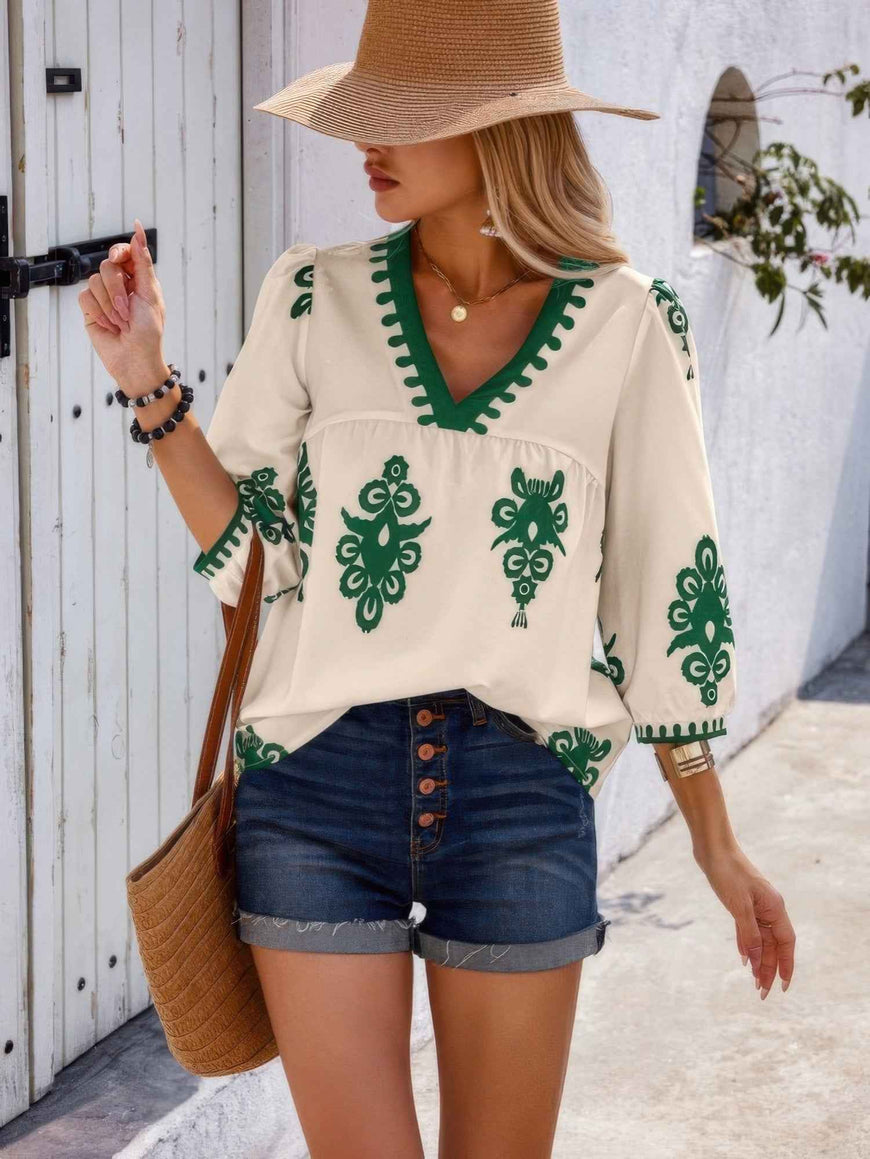 Geo Print V Neck Loose Puff Sleeves Blouse