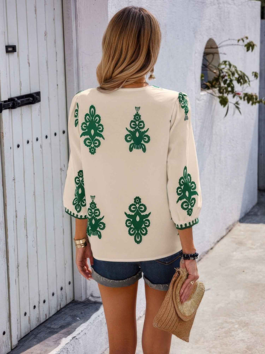Geo Print V Neck Loose Puff Sleeves Blouse