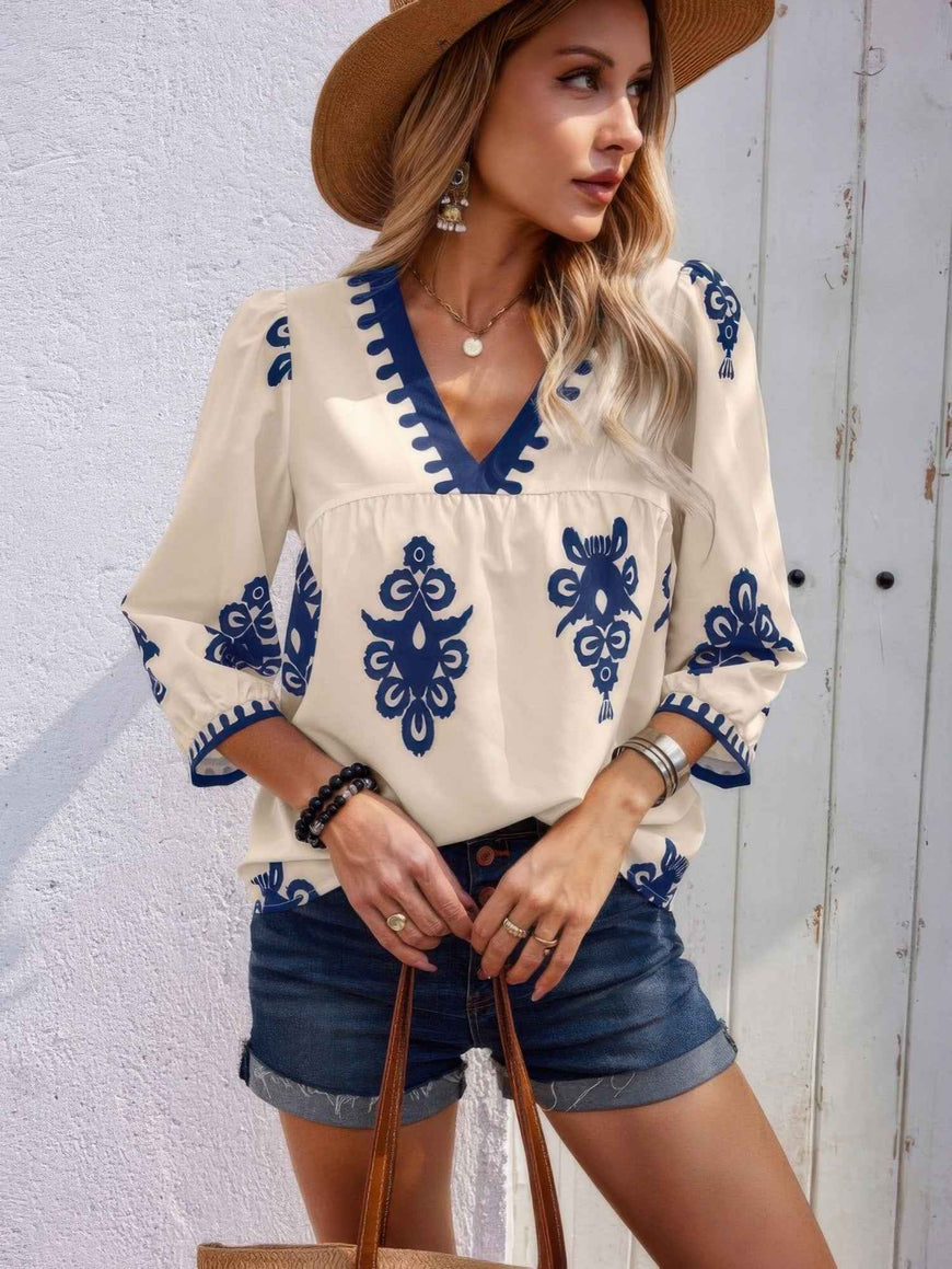 Geo Print V Neck Loose Puff Sleeves Blouse