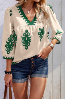 Geo Print V Neck Loose Puff Sleeves Blouse