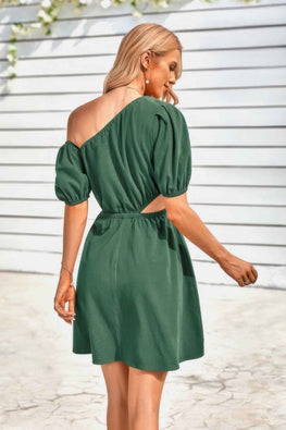 One Shoulder Puff Sleeve Fit Flare Short Dress