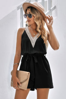 Lace Trim V Neck Sleeveless Tank Romper
