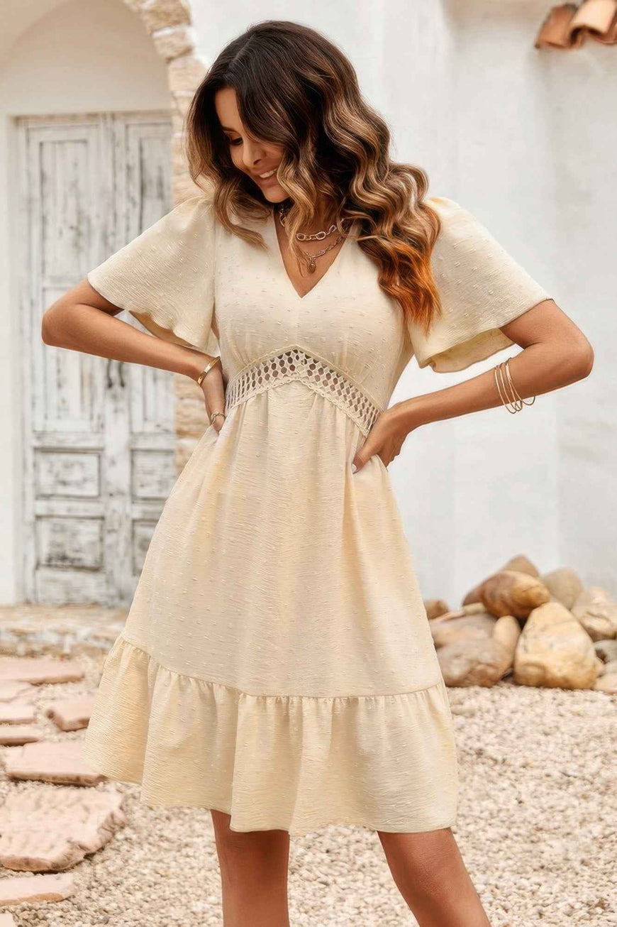 Swiss Dot Cutout Ruffle V Neck Puff Sleeve Dress