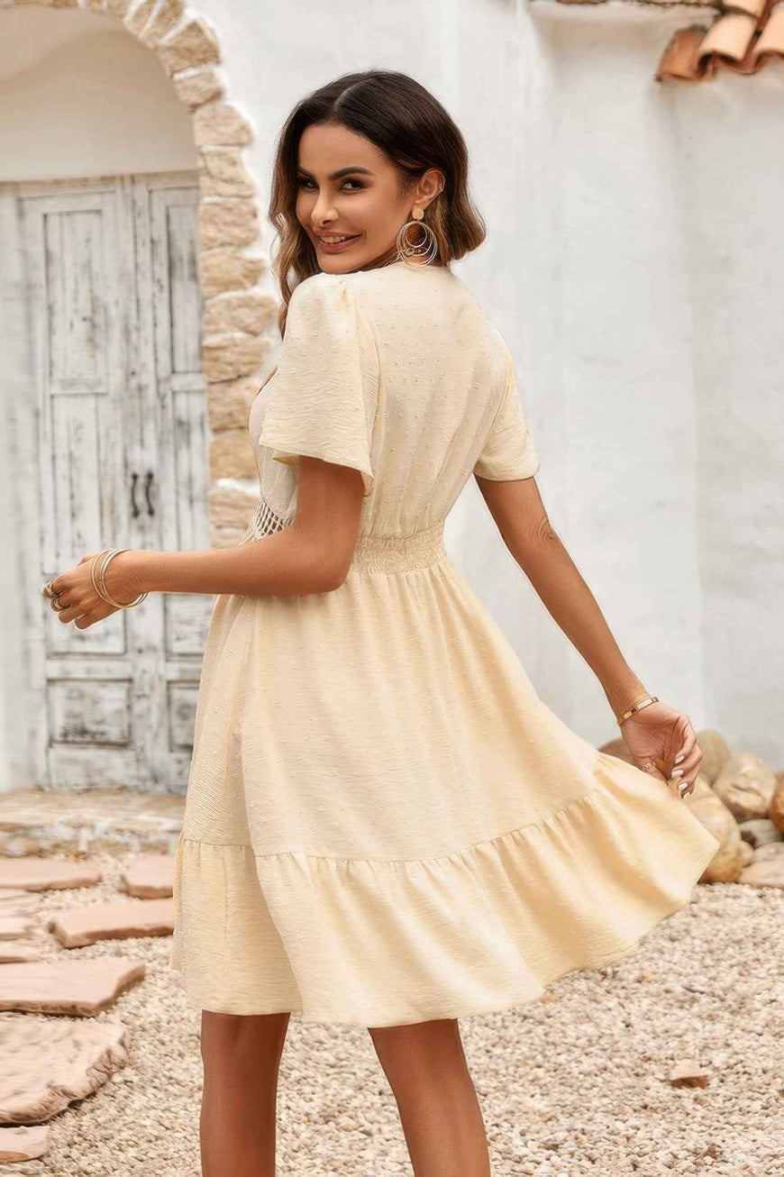 Swiss Dot Cutout Ruffle V Neck Puff Sleeve Dress