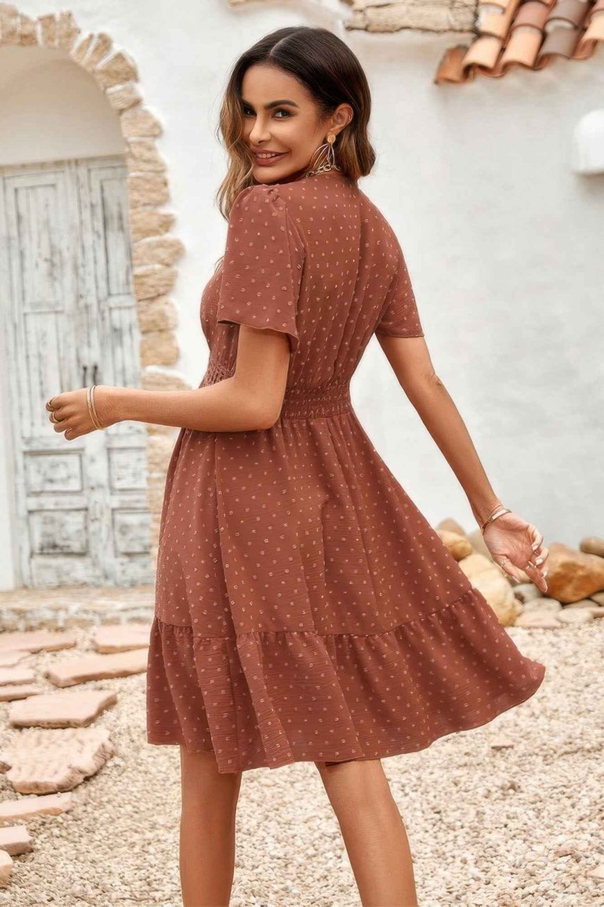 Swiss Dot Cutout Ruffle V Neck Puff Sleeve Dress