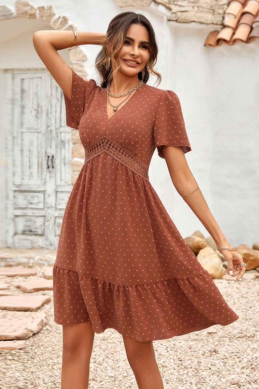 Swiss Dot Cutout Ruffle V Neck Puff Sleeve Dress