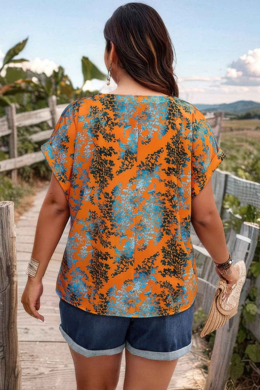 Plus Floral V Neck Batwing Sleeve Loose Shirt