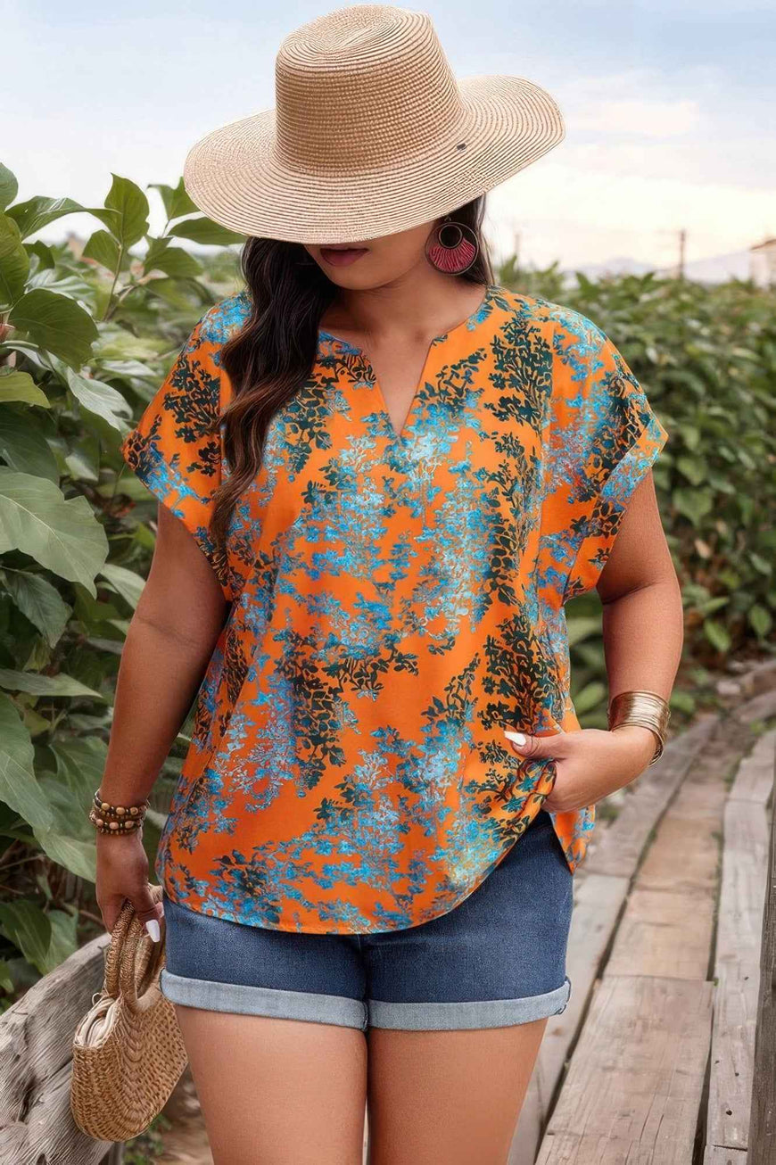 Plus Floral V Neck Batwing Sleeve Loose Shirt