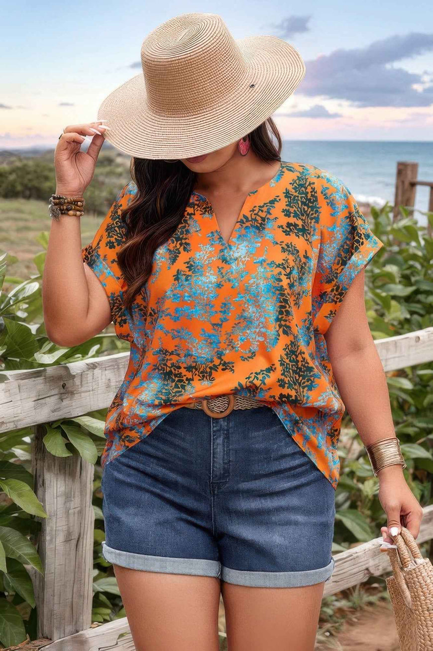 Plus Floral V Neck Batwing Sleeve Loose Shirt
