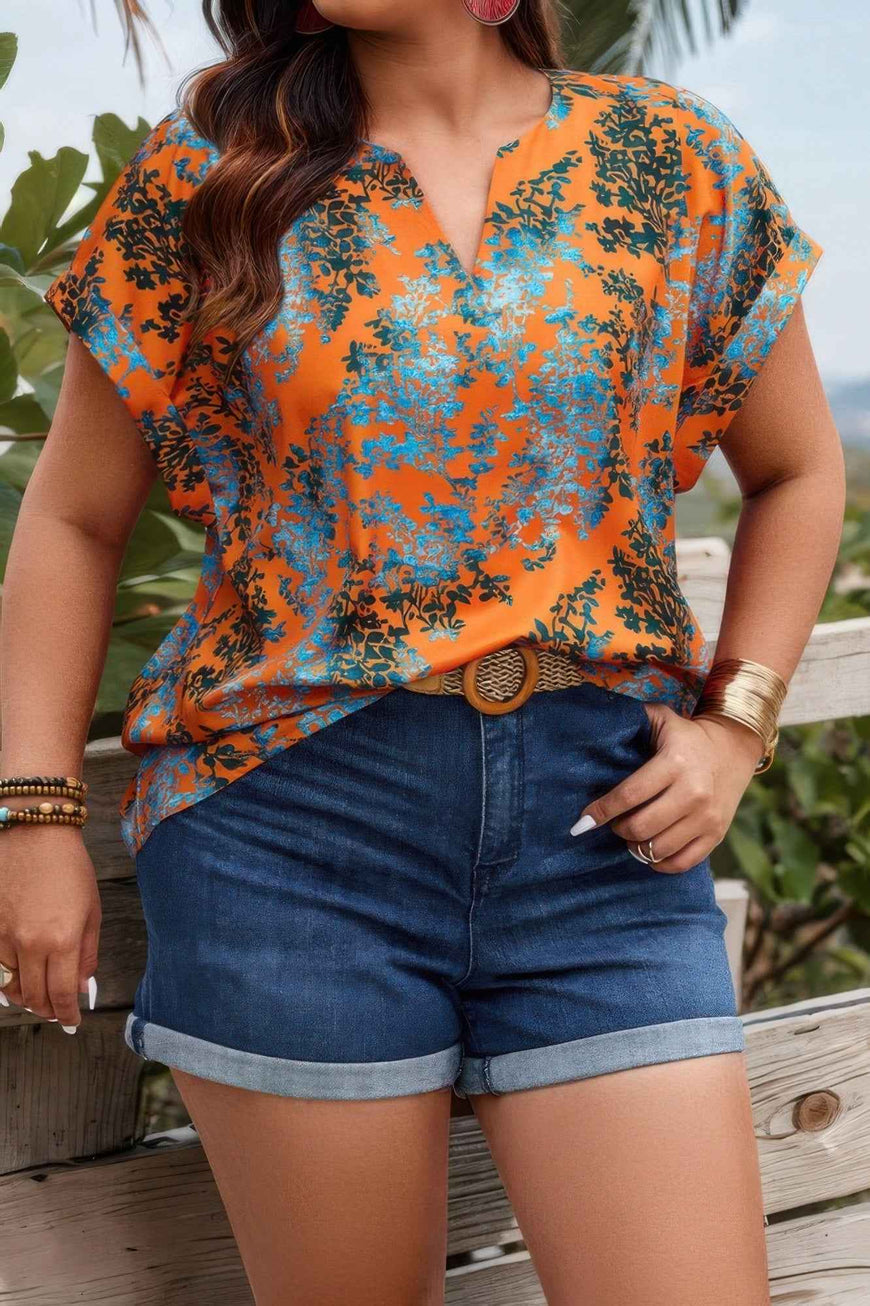 Plus Floral V Neck Batwing Sleeve Loose Shirt