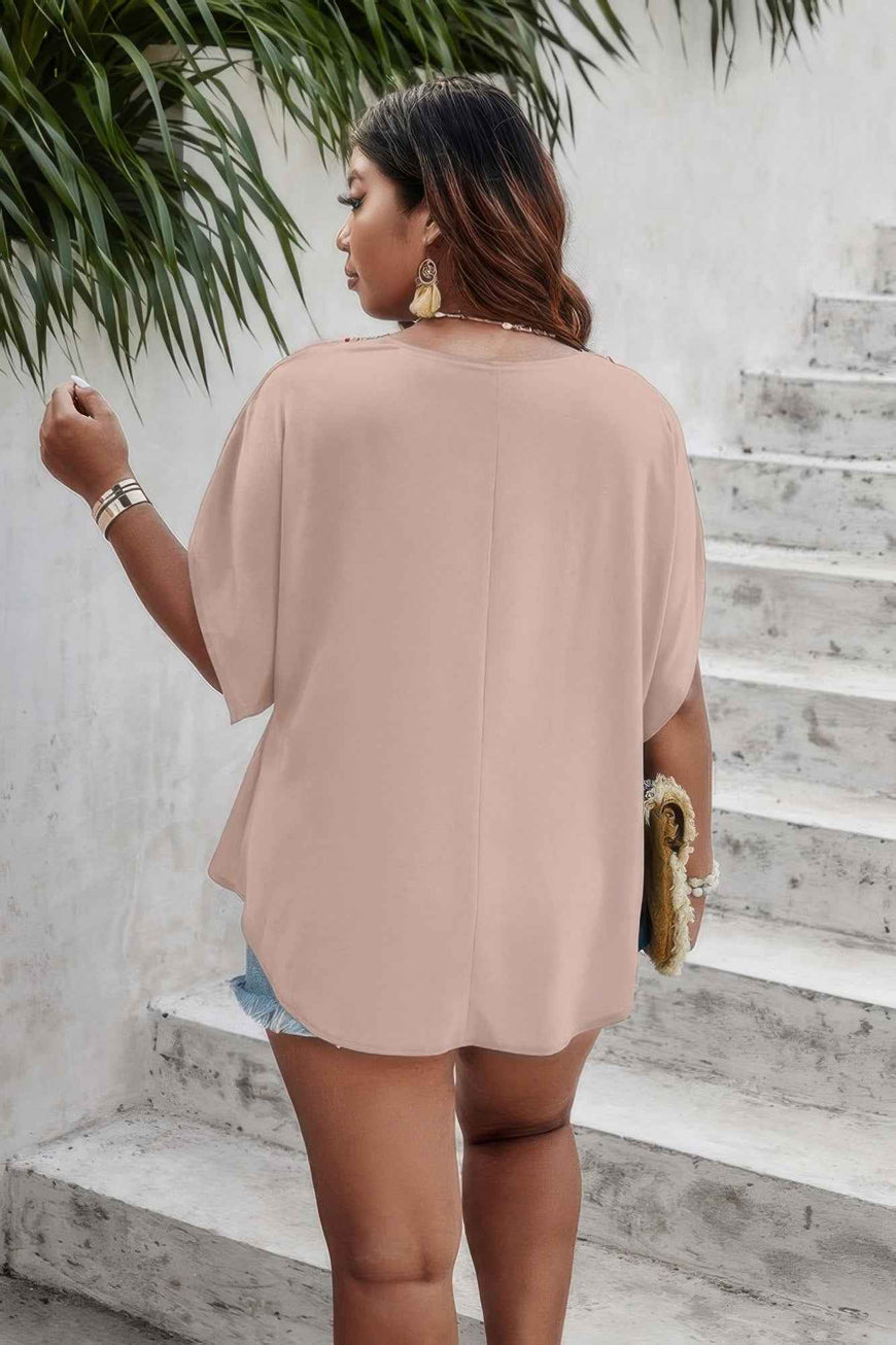 Plus Batwing Short Sleeve Lace V Neck Blouse