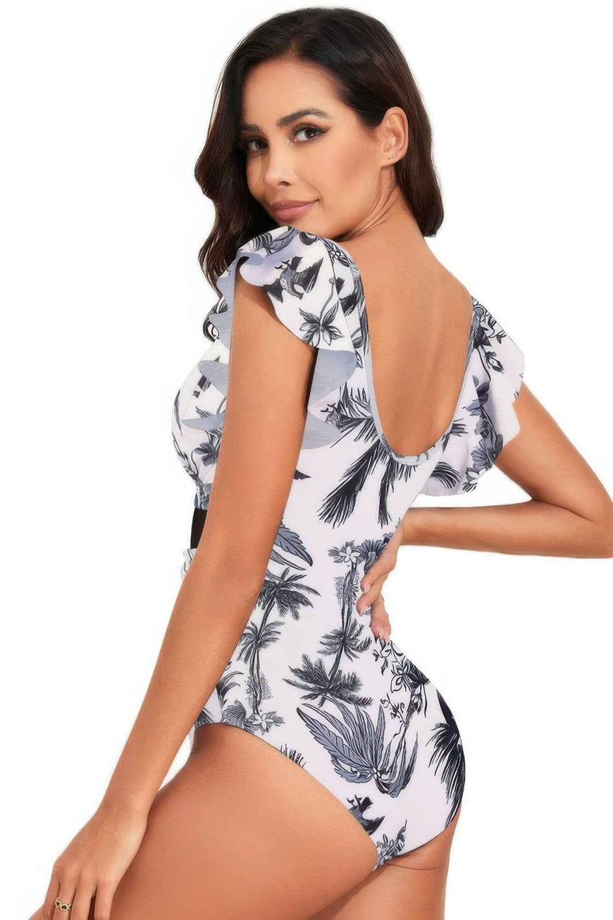 Deep V Neck Ruffle Color Block Lace Swimsuit