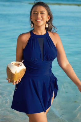 Plus Size Halter Ruched Sleeveless Swim Dress