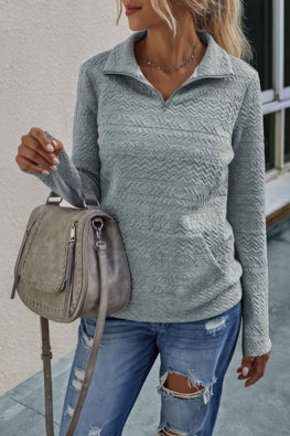 Half Zip Textured Solid Long Sleeve Pullover