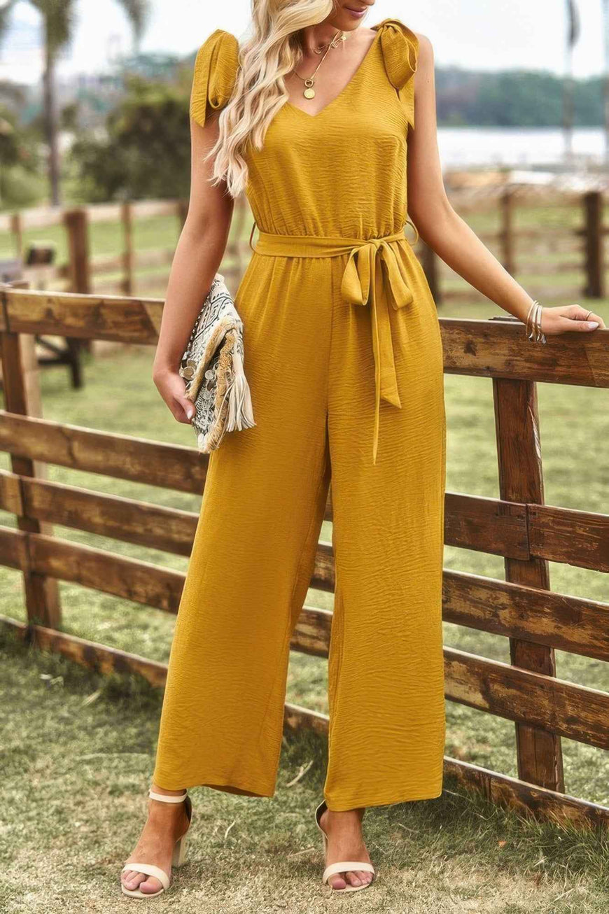 Solid Belt V Neck Wide Leg Fit Jumpsuit