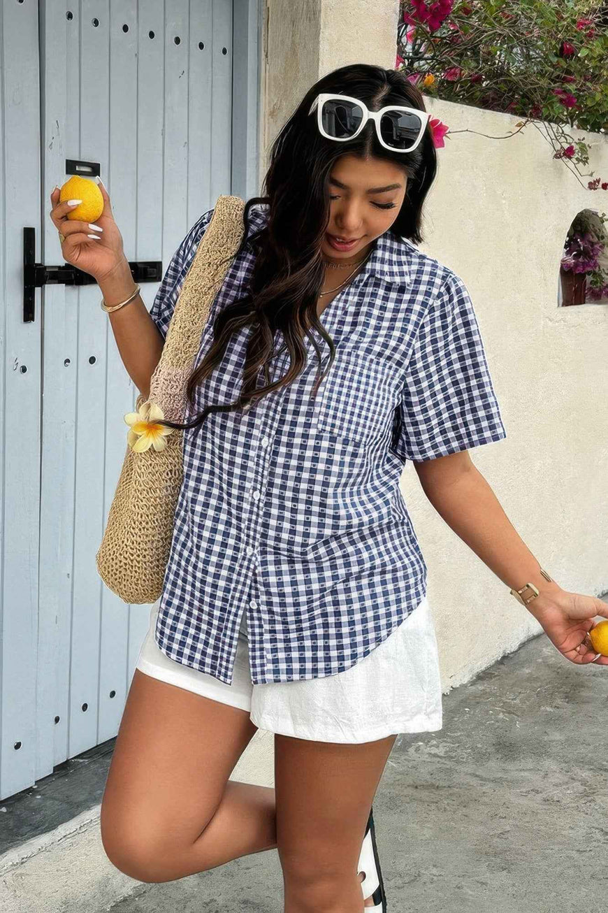 Plus Size Plaid Pocket Short Sleeve Loose Blouse