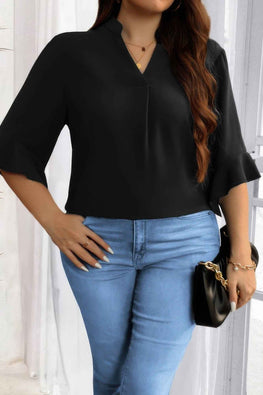 Plus V Neck Ruffle Half Sleeves Loose Blouse
