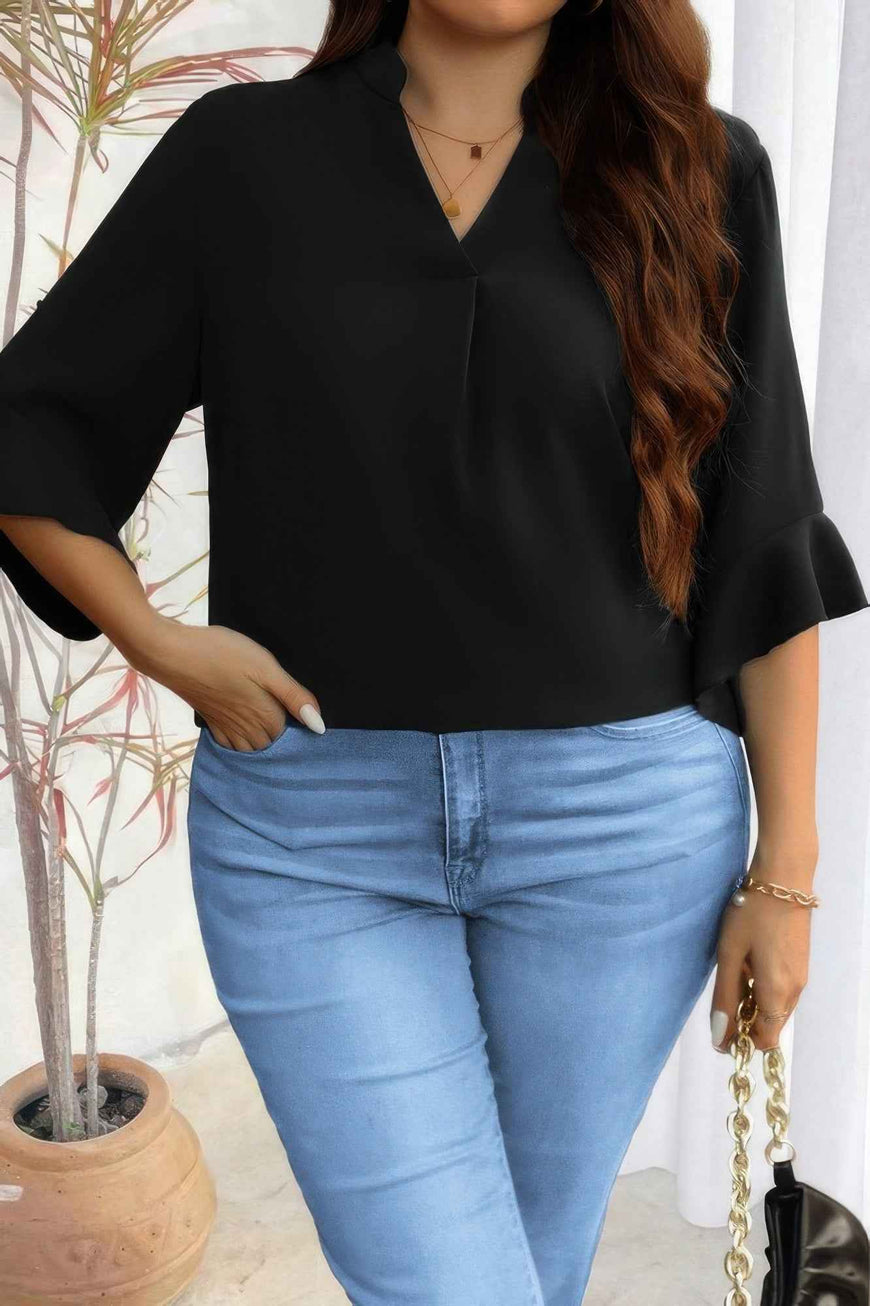 Plus V Neck Ruffle Half Sleeves Loose Blouse