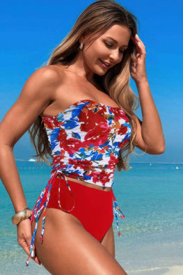 Strapless Ruche Drawstring Side Two Piece Swimsuit