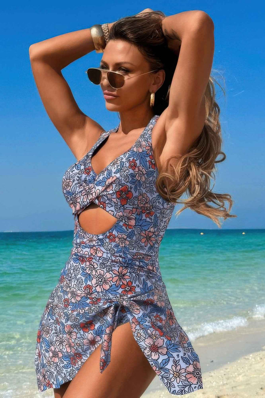 Halter Neck Twisted Tie Knot Front Dress Swimsuit