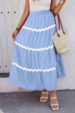 Waves Print Pleated Elastic Waist Band Skirt