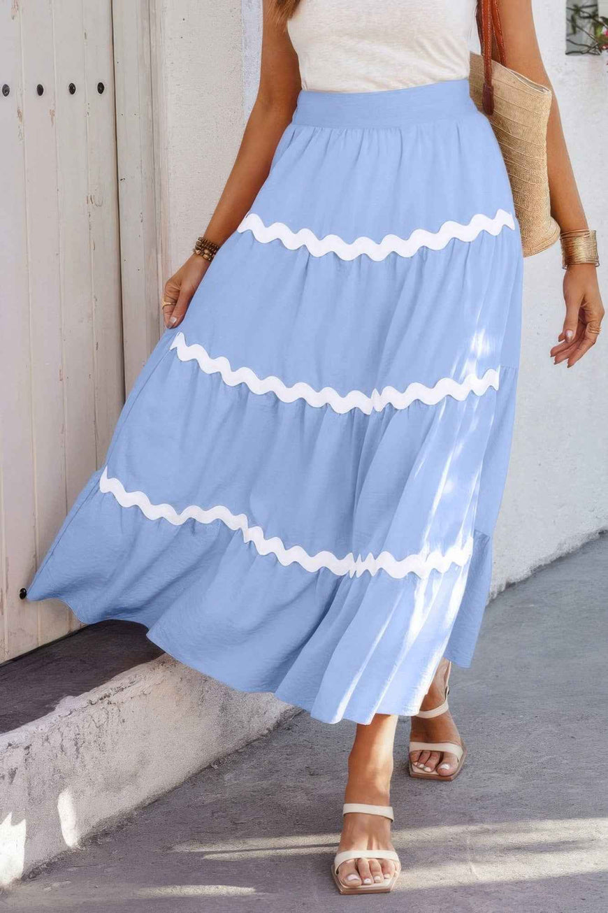 Waves Print Pleated Elastic Waist Band Skirt