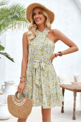 Floral Halter Cross Belt Ruffle Midi Dress