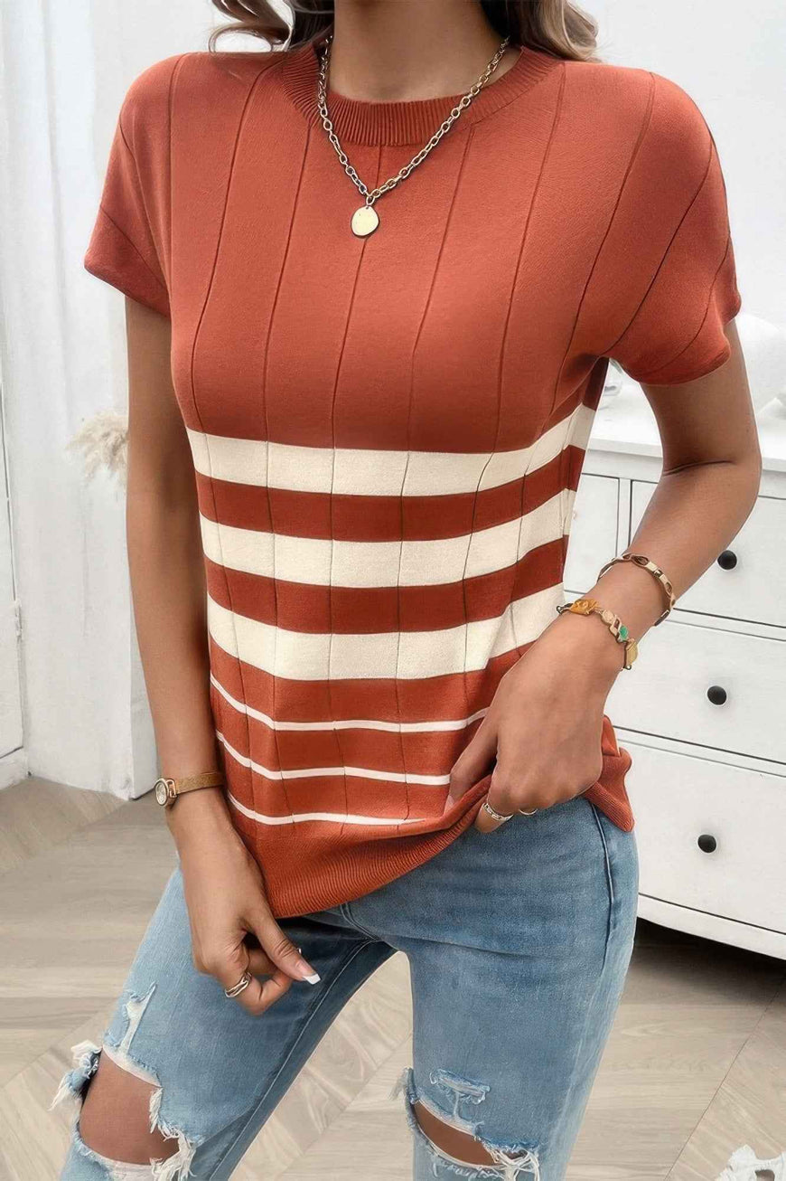 Round Neck Strip Knit Fit Short Sleeve Top