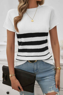 Round Neck Strip Knit Fit Short Sleeve Top