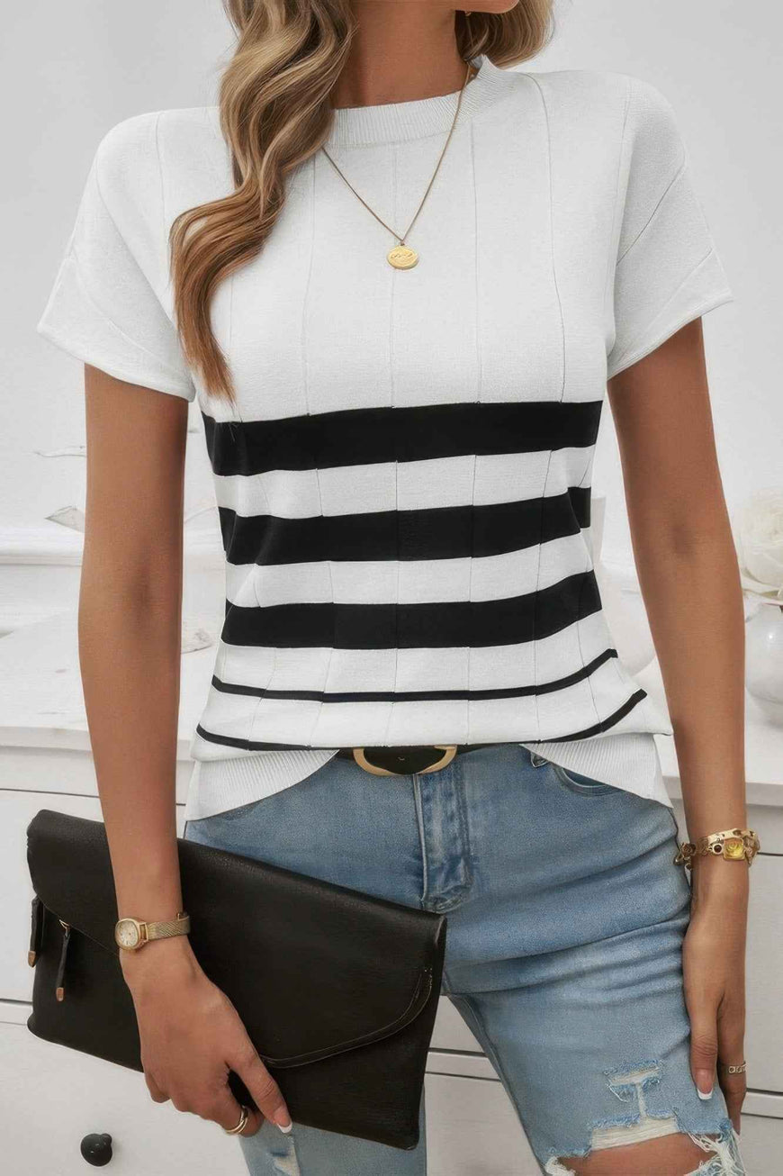 Round Neck Strip Knit Fit Short Sleeve Top