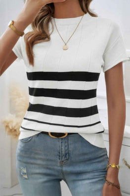 Round Neck Strip Knit Fit Short Sleeve Top