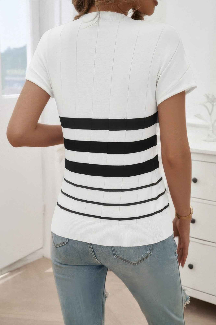 Round Neck Strip Knit Fit Short Sleeve Top