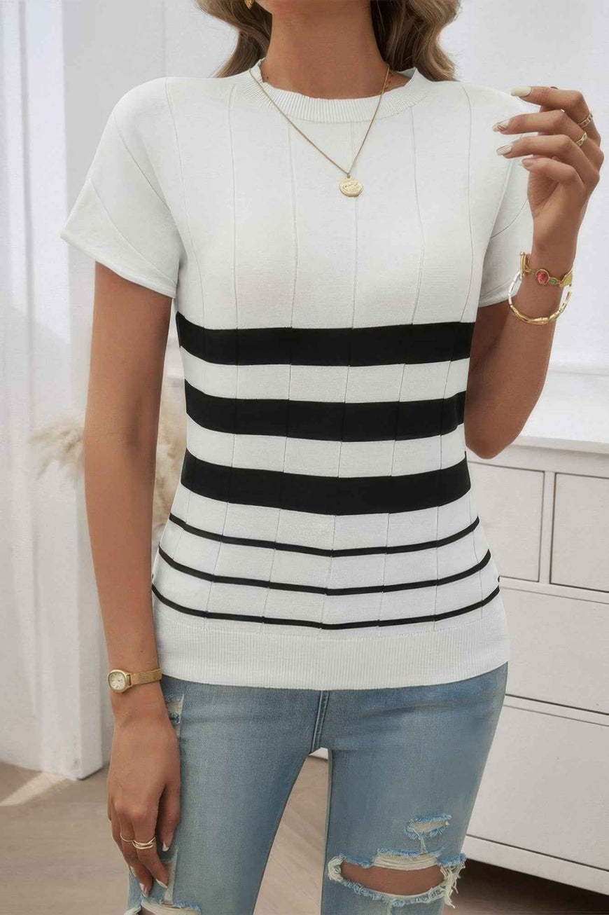 Round Neck Strip Knit Fit Short Sleeve Top