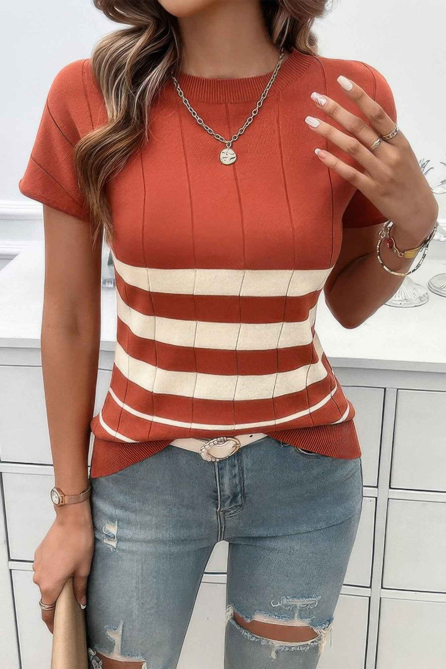 Round Neck Strip Knit Fit Short Sleeve Top