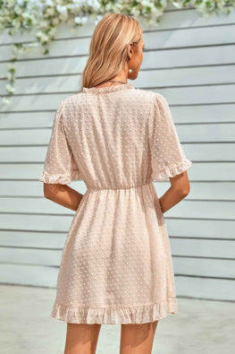 Swiss Dot Frill Trim Puff Sleeve Surplice Dress