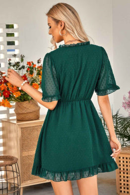 Swiss Dot Frill Trim Puff Sleeve Surplice Dress