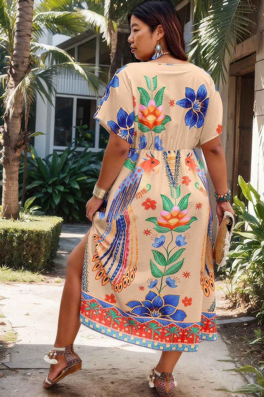 Plus Deep V Neck Allover Print High Waist Dress