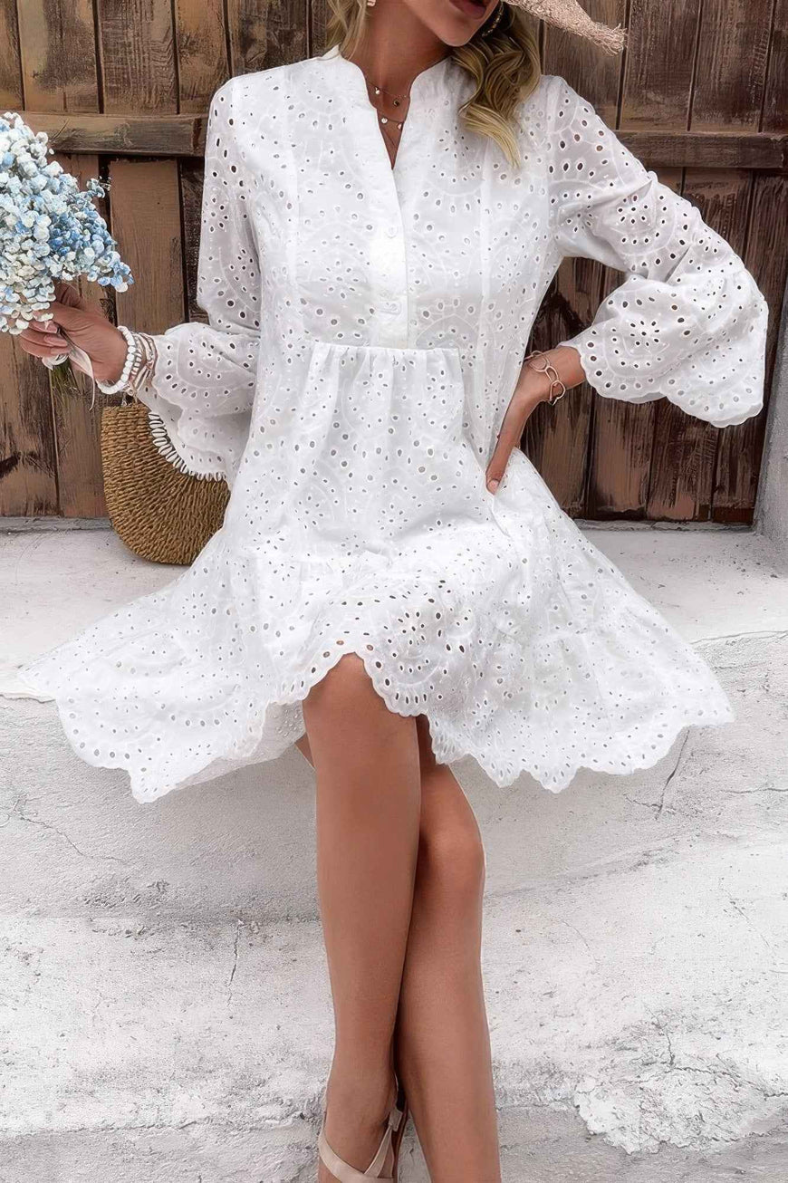 V Neck Button Flared Sleeves Hollow Out Lace Dress
