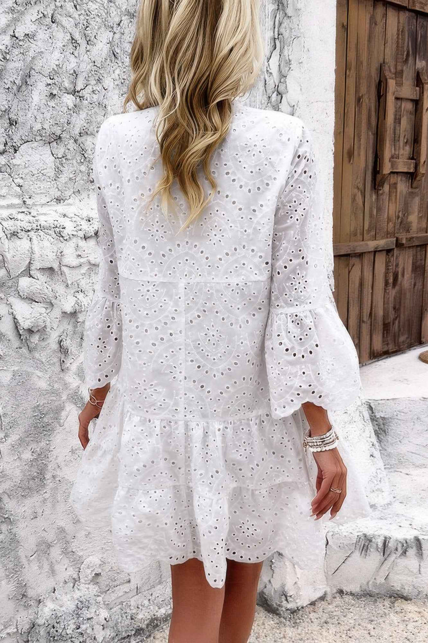V Neck Button Flared Sleeves Hollow Out Lace Dress
